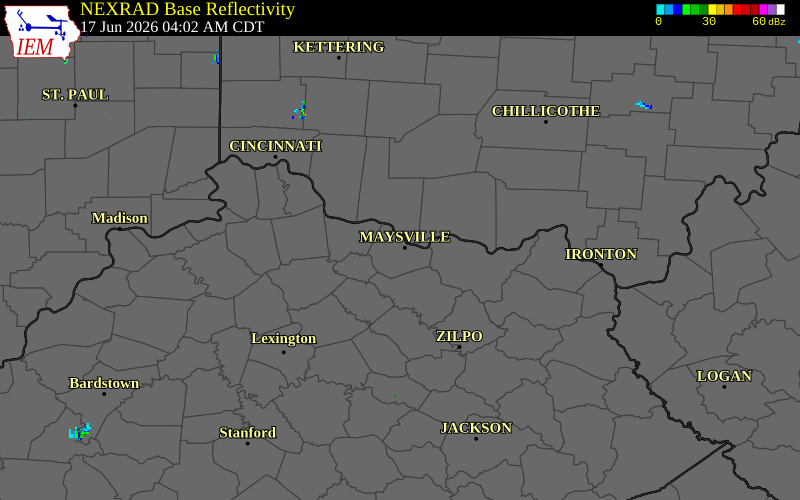 NEXRAD radar during the Wednesday, June 17, 2026 storm activity in Mason County, Kentucky