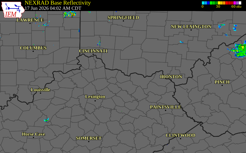Radar snapshot during the Jun 17, 2026 tornado event near 1 NNW Washington, Mason County, Kentucky, with NWS warning polygons