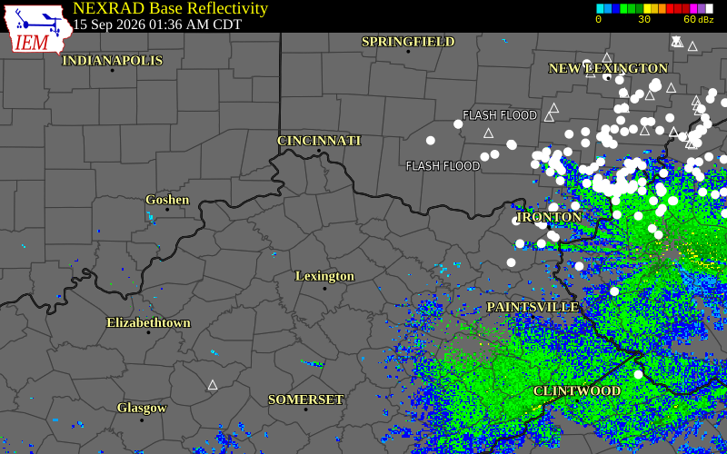 Current NEXRAD radar over Mason County, Kentucky with recent storm report locations