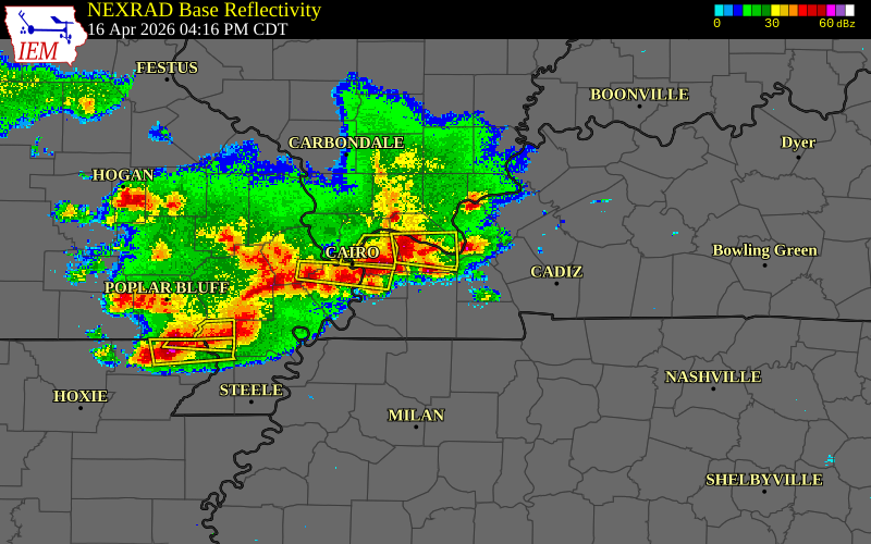 Radar snapshot during the Apr 16, 2026 hail event near 5 N Boaz, McCracken County, Kentucky, with NWS warning polygons