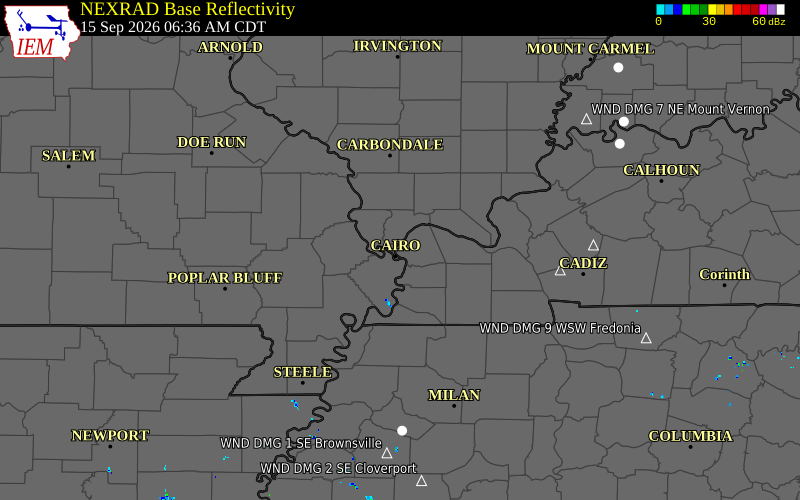 Current NEXRAD radar over McCracken County, Kentucky with recent storm report locations