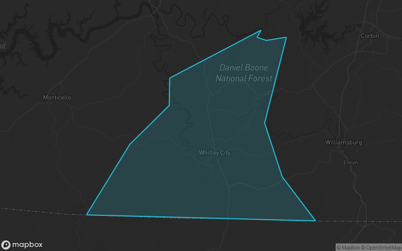 Map of McCreary County, Kentucky showing the county boundary and surrounding cities