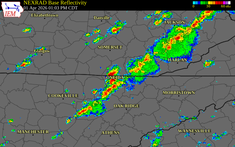 NEXRAD radar during the Wednesday, April 1, 2026 storm activity in McCreary County, Kentucky