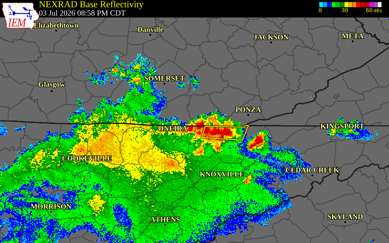 NEXRAD radar during the Friday, July 3, 2026 storm activity in McCreary County, Kentucky
