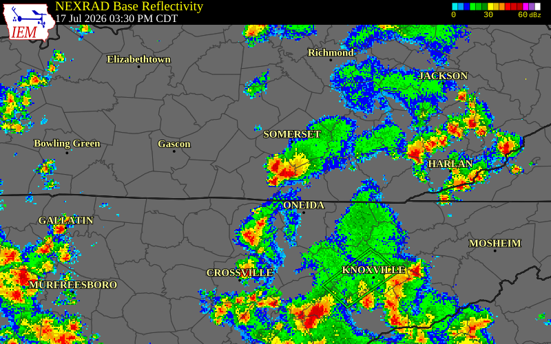 NEXRAD radar during the Friday, July 17, 2026 storm activity in McCreary County, Kentucky