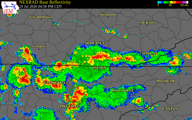 NEXRAD radar during the Sunday, July 19, 2026 storm activity in McCreary County, Kentucky