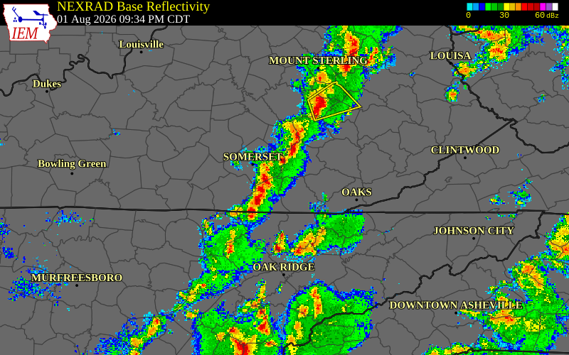 Radar snapshot during the Aug 1, 2026 wind event near McCreary County, McCreary County, Kentucky, with NWS warning polygons