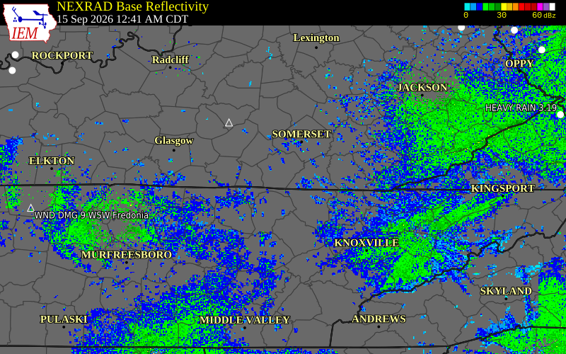 Current NEXRAD radar over McCreary County, Kentucky with recent storm report locations
