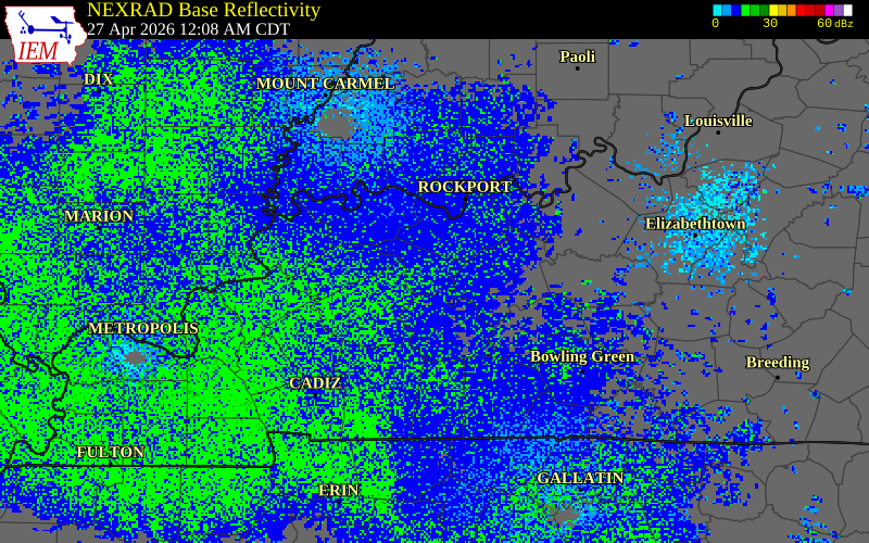 NEXRAD radar during the Monday, April 27, 2026 storm activity in McLean County, Kentucky