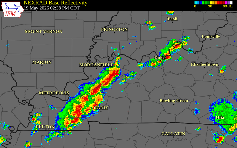 NEXRAD radar during the Tuesday, May 19, 2026 storm activity in McLean County, Kentucky