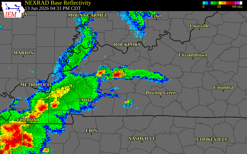 NEXRAD radar during the Saturday, June 13, 2026 storm activity in McLean County, Kentucky