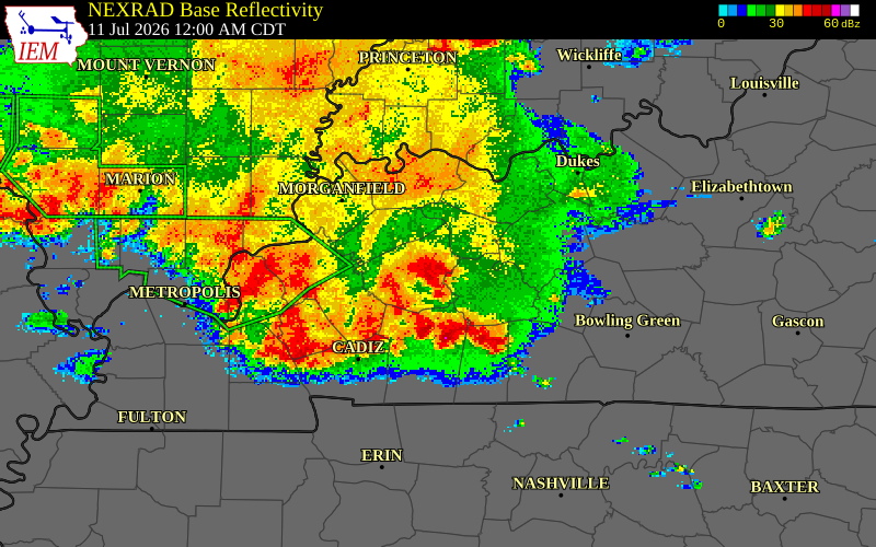 NEXRAD radar during the Saturday, July 11, 2026 storm activity in McLean County, Kentucky