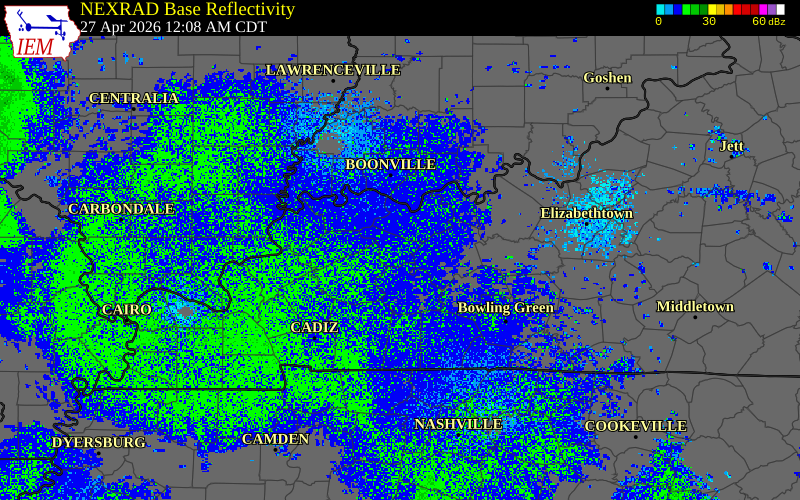 Radar snapshot during the Apr 27, 2026 tornado event near 4 SE Calhoun, McLean County, Kentucky, with NWS warning polygons