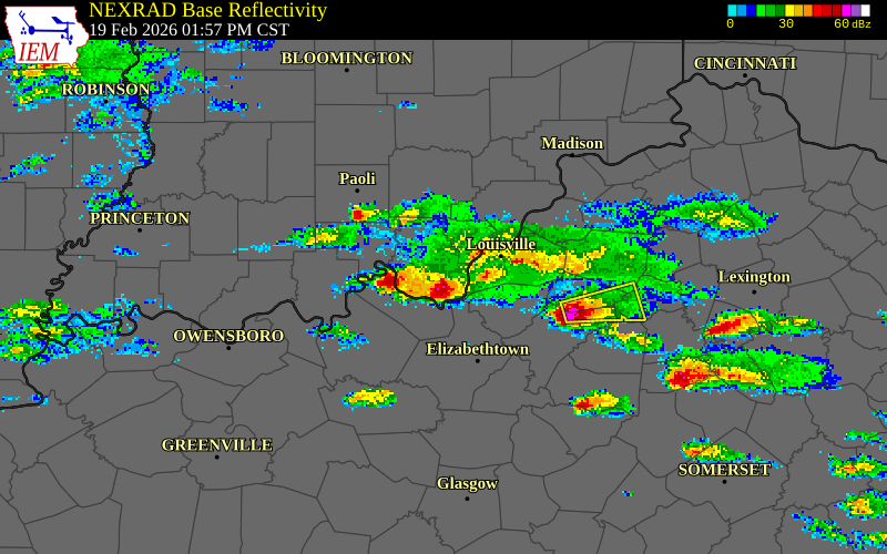 NEXRAD radar during the Thursday, February 19, 2026 storm activity in Meade County, Kentucky