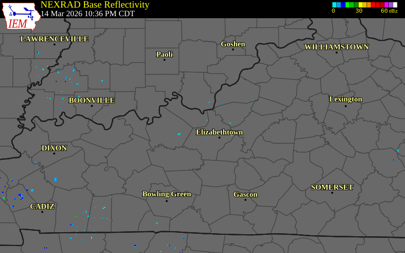 NEXRAD radar during the Saturday, March 14, 2026 storm activity in Meade County, Kentucky
