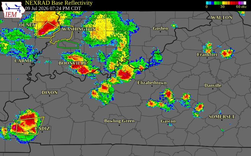 NEXRAD radar during the Thursday, July 9, 2026 storm activity in Meade County, Kentucky