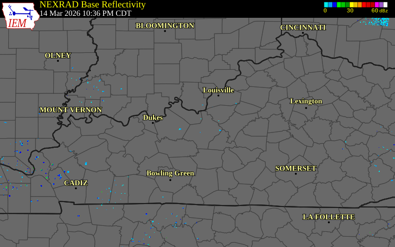 Radar snapshot during the Mar 14, 2026 tornado event near 1 SE Flaherty, Meade County, Kentucky, with NWS warning polygons