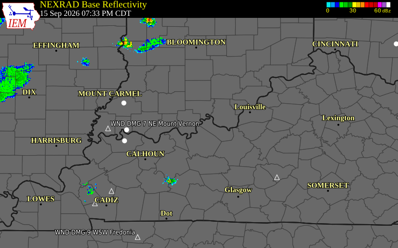 Current NEXRAD radar over Meade County, Kentucky with recent storm report locations