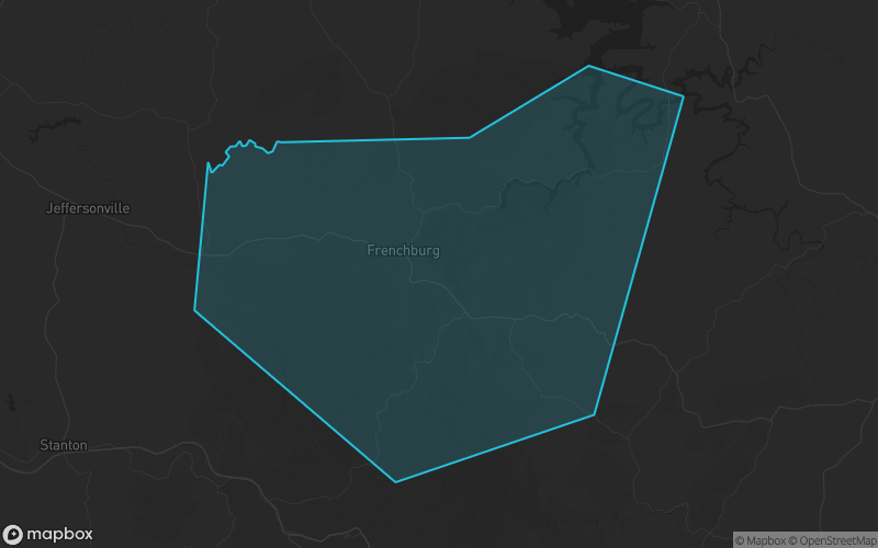 Map of Menifee County, Kentucky showing the county boundary and surrounding cities