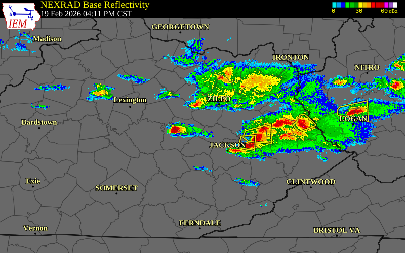 NEXRAD radar during the Thursday, February 19, 2026 storm activity in Menifee County, Kentucky