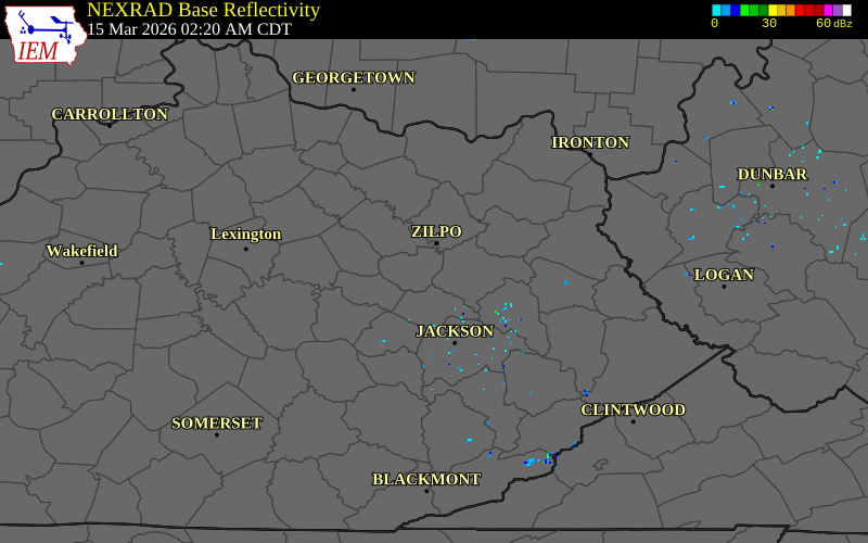 NEXRAD radar during the Sunday, March 15, 2026 storm activity in Menifee County, Kentucky