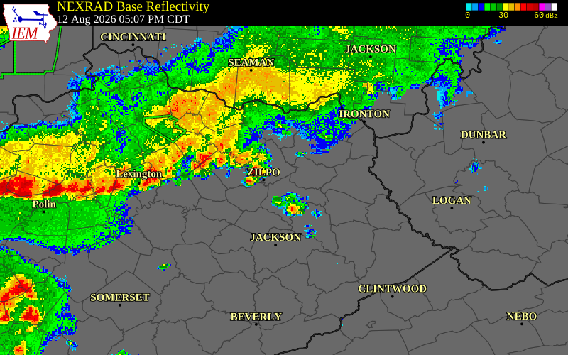 NEXRAD radar during the Wednesday, August 12, 2026 storm activity in Menifee County, Kentucky