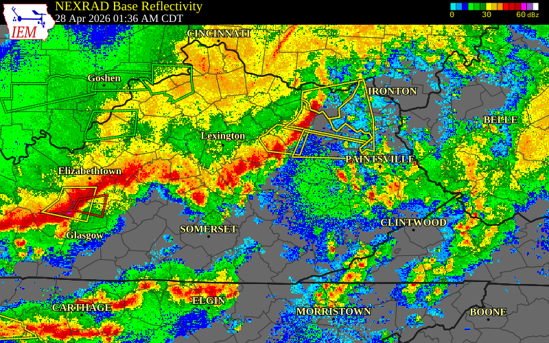 Radar snapshot during the Apr 28, 2026 wind event near Menifee County, Menifee County, Kentucky, with NWS warning polygons