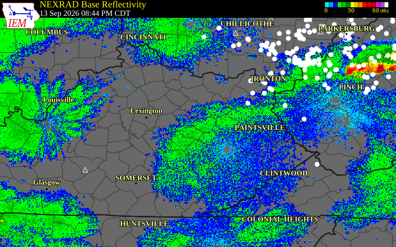 Current NEXRAD radar over Menifee County, Kentucky with recent storm report locations