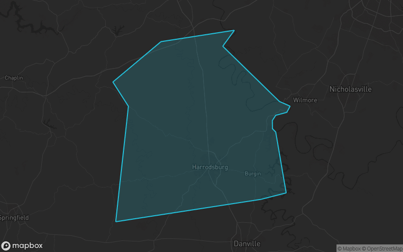 Map of Mercer County, Kentucky showing the county boundary and surrounding cities