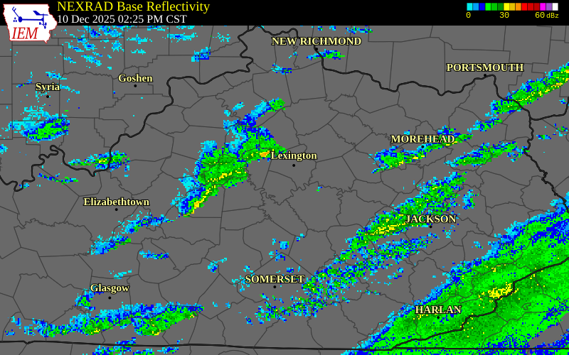 NEXRAD radar during the Wednesday, December 10, 2025 storm activity in Mercer County, Kentucky