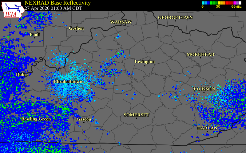 NEXRAD radar during the Monday, April 27, 2026 storm activity in Mercer County, Kentucky