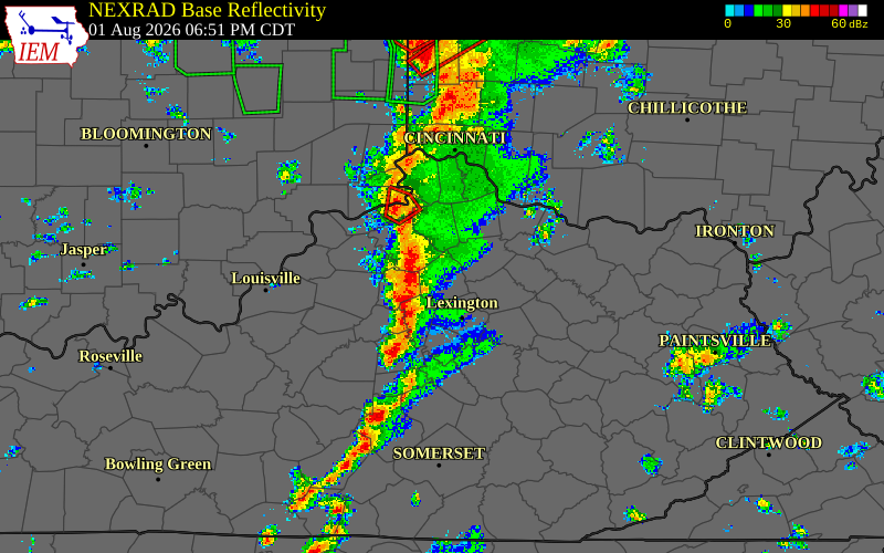 Radar snapshot during the Aug 1, 2026 wind event near Mercer County, Mercer County, Kentucky, with NWS warning polygons