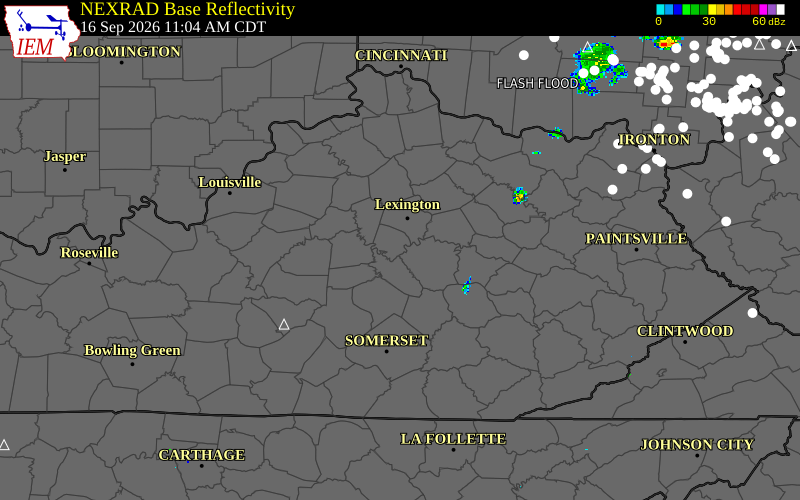 Current NEXRAD radar over Mercer County, Kentucky with recent storm report locations