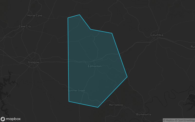 Map of Metcalfe County, Kentucky showing the county boundary and surrounding cities