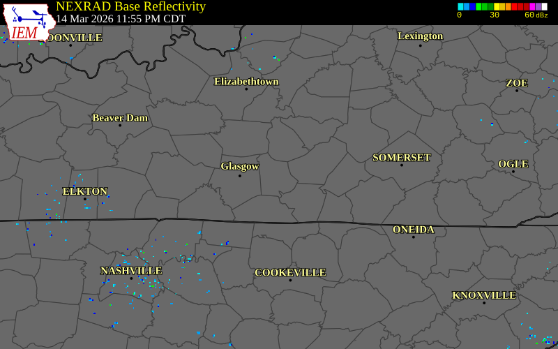 NEXRAD radar during the Sunday, March 15, 2026 storm activity in Metcalfe County, Kentucky