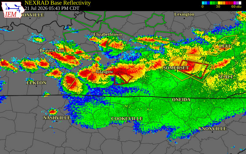 NEXRAD radar during the Tuesday, July 21, 2026 storm activity in Metcalfe County, Kentucky