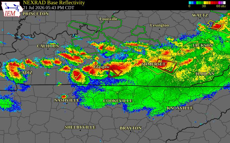 Radar snapshot during the Jul 21, 2026 tornado event near 2 SSW Gascon, Metcalfe County, Kentucky, with NWS warning polygons
