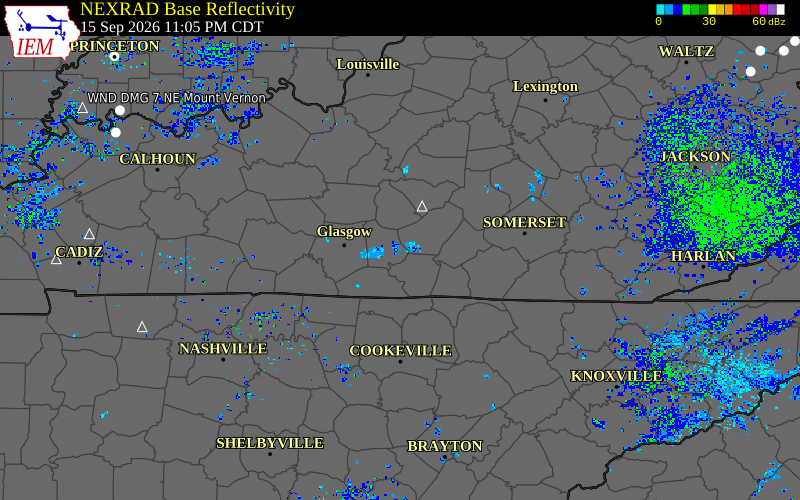 Current NEXRAD radar over Metcalfe County, Kentucky with recent storm report locations
