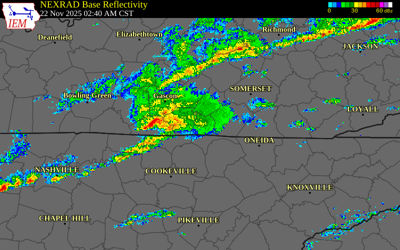 NEXRAD radar during the Saturday, November 22, 2025 storm activity in Monroe County, Kentucky