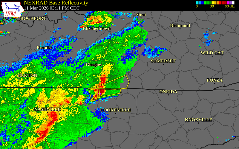 NEXRAD radar during the Wednesday, March 11, 2026 storm activity in Monroe County, Kentucky