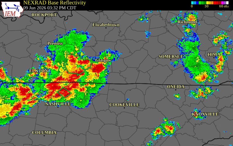 NEXRAD radar during the Tuesday, June 9, 2026 storm activity in Monroe County, Kentucky