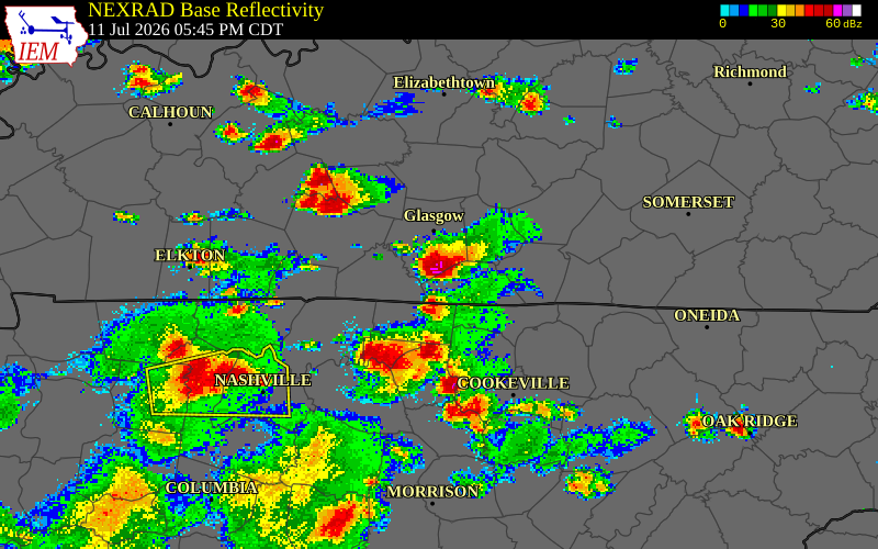 NEXRAD radar during the Saturday, July 11, 2026 storm activity in Monroe County, Kentucky