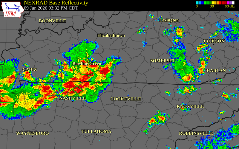 Radar snapshot during the Jun 9, 2026 wind event near Monroe County, Monroe County, Kentucky, with NWS warning polygons