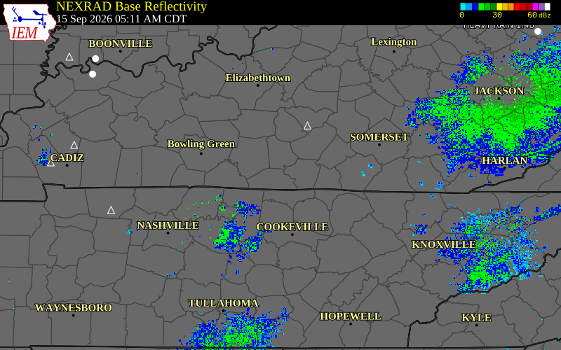 Current NEXRAD radar over Monroe County, Kentucky with recent storm report locations