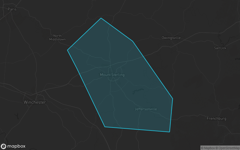 Map of Montgomery County, Kentucky showing the county boundary and surrounding cities