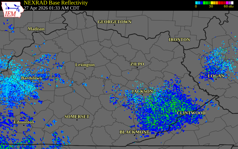 NEXRAD radar during the Monday, April 27, 2026 storm activity in Montgomery County, Kentucky