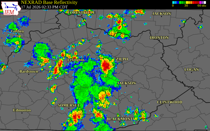 NEXRAD radar during the Friday, July 17, 2026 storm activity in Montgomery County, Kentucky