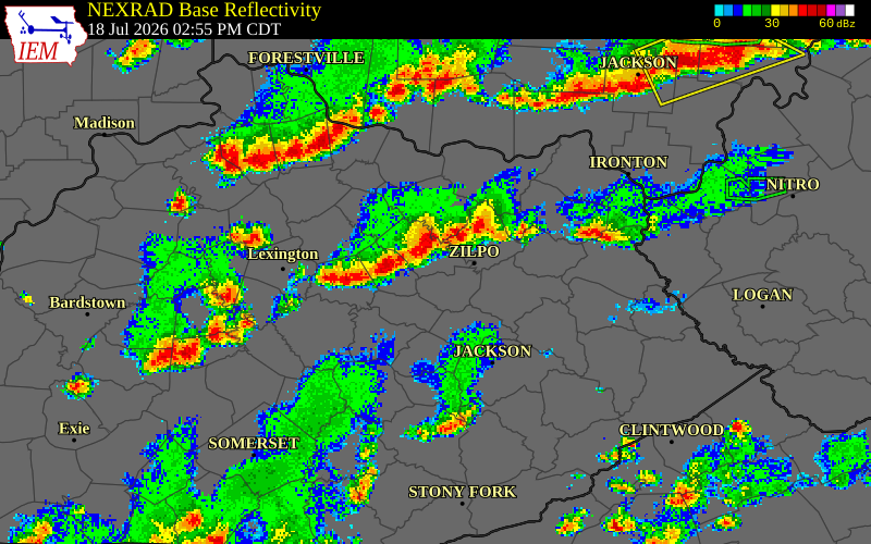 NEXRAD radar during the Saturday, July 18, 2026 storm activity in Montgomery County, Kentucky