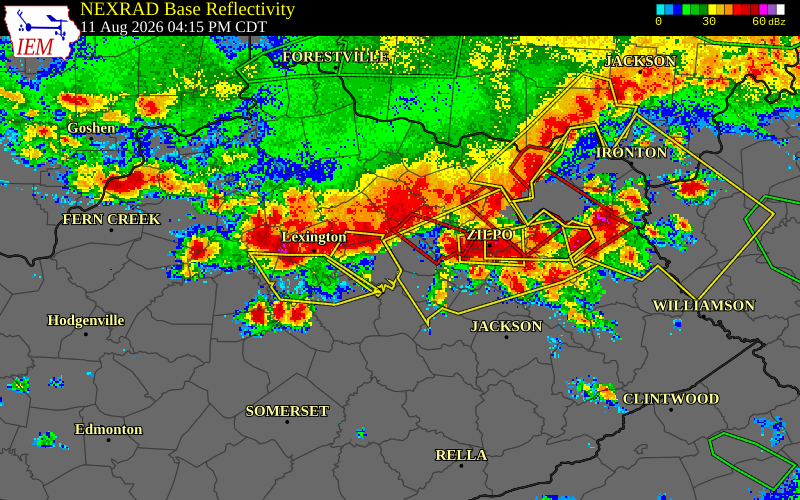 NEXRAD radar during the Tuesday, August 11, 2026 storm activity in Montgomery County, Kentucky