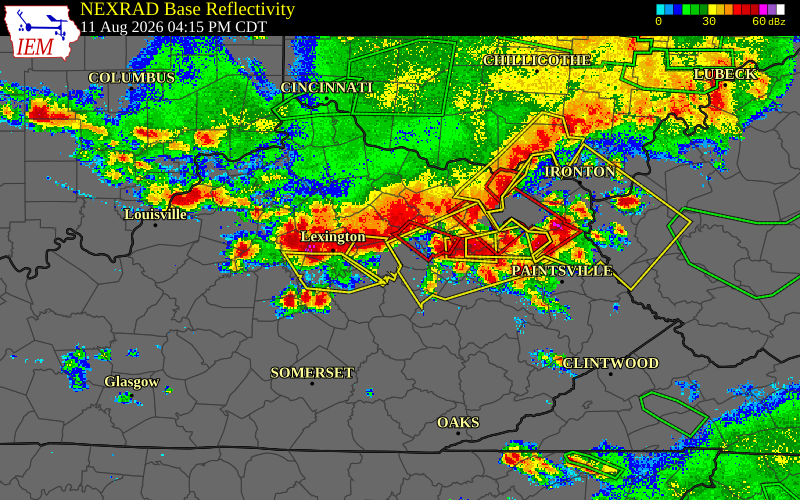 Radar snapshot during the Aug 11, 2026 wind event near 2 N Prewitt, Montgomery County, Kentucky, with NWS warning polygons